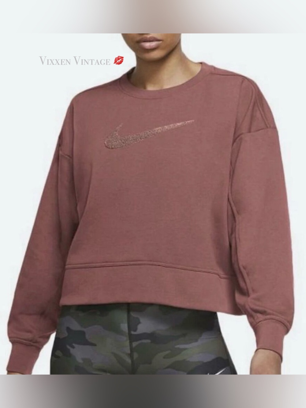 NIKE FRENCH TERRY TEXTURED SWOOSH OVERSIZED CROPPED SWEATSHIRT IN DUSTY ROSE